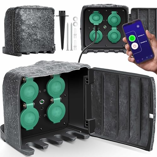 KESSER® Gartensteckdose Steinoptik mit 4 Steckplätzen - mit WiFi Funktion Steuerung per App - Inkl. Montageset, Mehrfachsteckdosen aussen mit 3m Verlängerungskabel Außensteckdose IP44 Dämmerungssensor