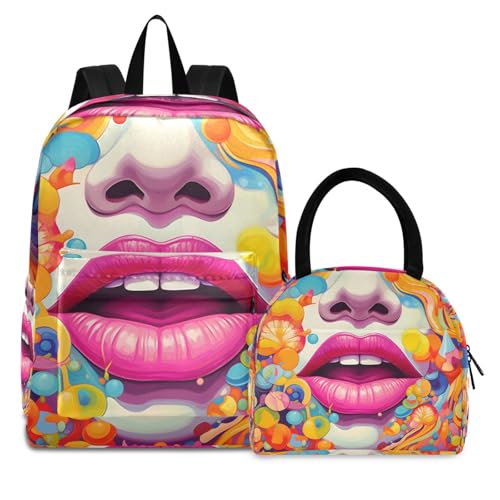 Backpack Lunch Bag Set Art Lip Painting Print, Big Storage Travel Backpacks with Insulated Lunch Box for Office Hiking Picnic