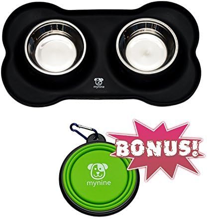 Dog Bowls Stainless Steel Set with No Spill Non-Skid Bone Silicone Mat 12 oz Perfect for Small Dogs Cats and Pets & Collapsible Travel…