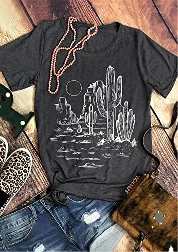 Western Cactus Shirt for Women Sunrise Desert Graphic Tee Tops Hiking Mountain Climbing Funny Short Sleeve T-Shirt2