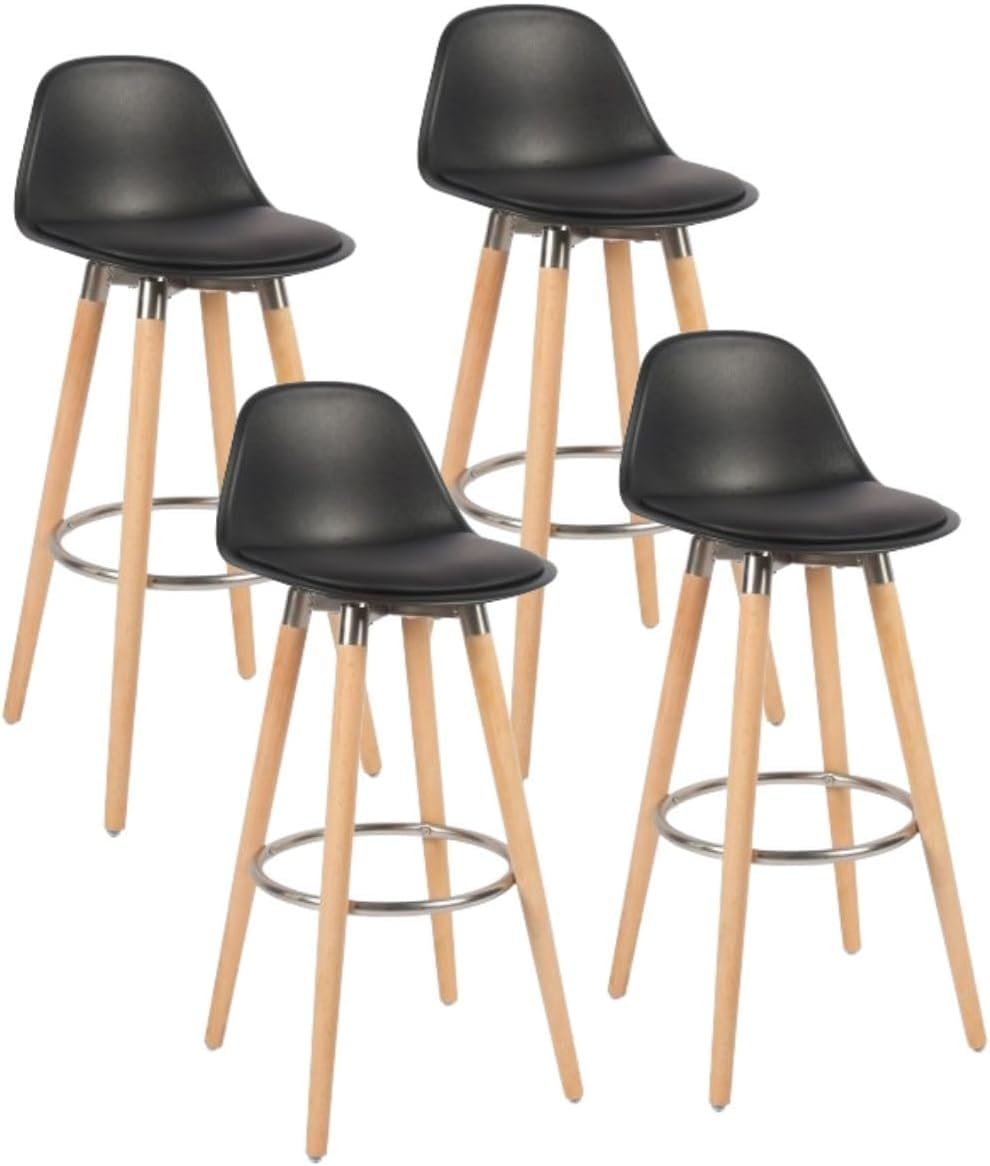 Box and Beyond Juego de 4 Taburetes de Bar de Madera, Silla Alta para Bar, Silla de Cocina - Altura 91 cm - Taburete Negro con Reposapiés