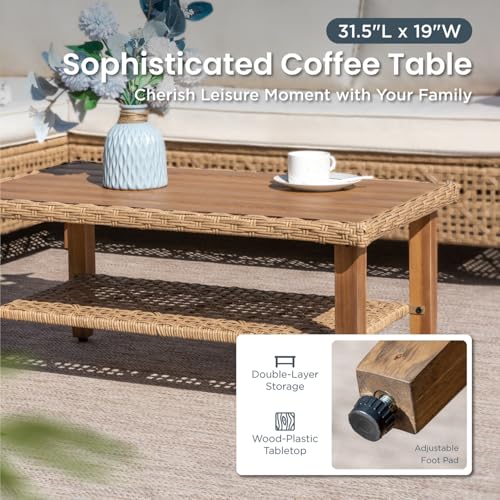 Image of PHI VILLA Wicker Patio Furniture Set, Rattan Patio Sectional Sofa Outdoor Couch Set with Acacia Wood Coffee Table, 7 Pieces U-Shaped Patio Conversation Set for Backyard Porch, Beige Cushion