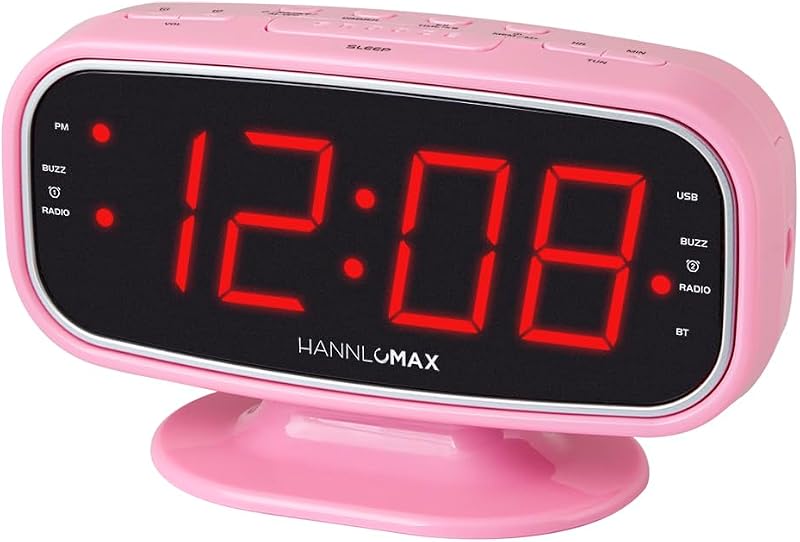 HANNLOMAX HX-153CR Alarm Clock Radio, AM/FM, Bluetooth, USB/SD (Pink)
