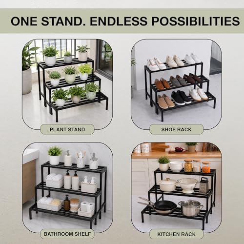Image of Robustt Set of 3 Metal Balcony Plant Stands for Outdoor Plants Big Size | Rustproof Matte Powder-Coated Garden Stands for Pots | Adjustable Feet | Garden Stands for Pots in Balcony & Terrace