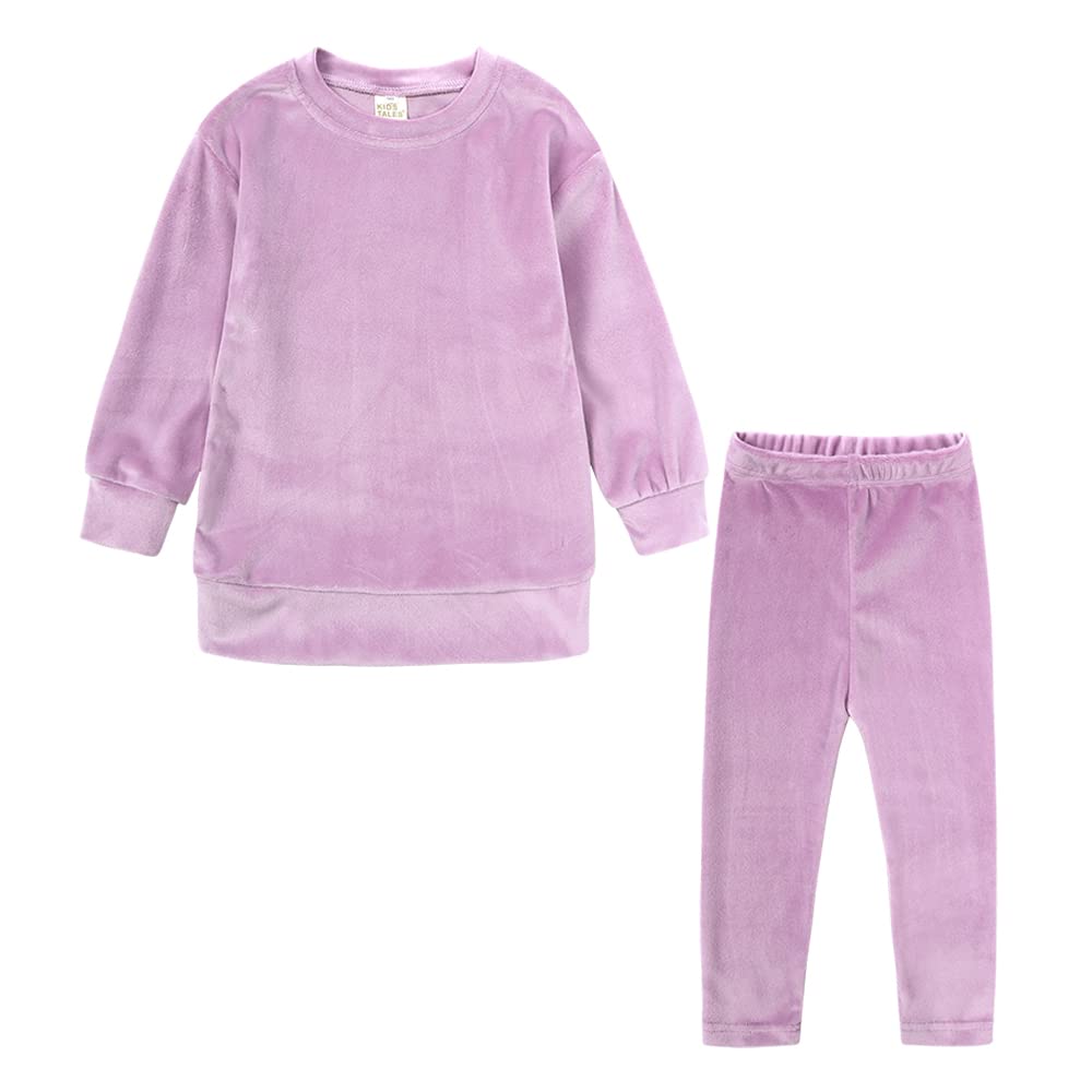 Kids TalesLittle Girls Velour Sweatsuit 2Pcs Velvet Round Neck Sweatshirt + Sweatpants Fleece Pullover Jogger Outfits Set