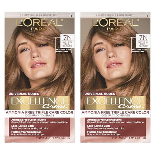 Image of L'Oreal Paris Excellence Universal Nudes Permanent Hair Color, Ammonia Free Hair Dye for Gray Hair Coverage, 7N Natural Dark Blonde, 1 Kit (Pack of 2)