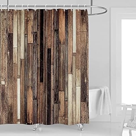 Kikiry Rustic Barn Door Shower Curtain 60''W x 72''L Brown Wood Retro Vintage Antique Farmhouse Country Cabin Board Plank Art Polyester Fabric Waterproof 12 Pack Plastic Hooks Cover