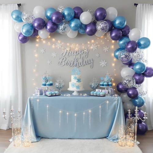 Image of Blue Purple Snowflake Balloons Set, 12 Inch Metallic Blue Purple Balloon Snowflake Confetti Latex Balloons Metallic Silver Girls Birthday Party Decoration for Children Winter Birthday Party Supplies