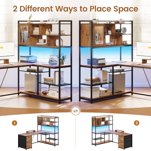 SEDETA-L-Shaped-Computer-Desk-58-Office-Desk-with-3-Drawers-and-Bookshelf-L-Shaped-Corner-Desk-with-Storage-Shelves-and-LED-Light-for-Home-Office-Gaming-Desk-L-Desk-Rustic-Brown