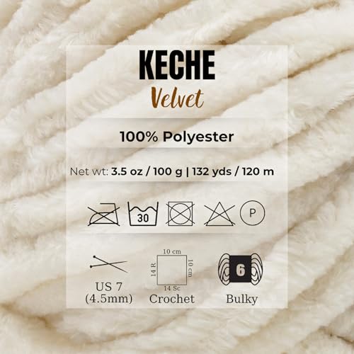 Image of Keche Velvet Yarn for Crocheting, Soft Chenille Bulky Baby Blanket Amigurumi Yarn 100 gr (132 yds) (Cream, 5 SKEINS)