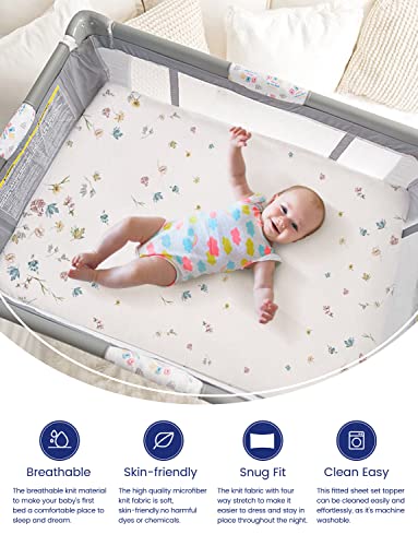Image of TotAha Premium Stretchy Pack N Play Playard Sheets | Mini Crib Sheets (2-Pack)-Hypoallergenic, Silky Comfort, AButtery Soft, Calming Effect, All-Season Jersey-Knit (Blue Flower & Small Floral)