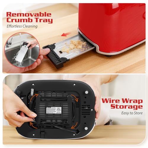 Image of Aigostar Toaster 2 Slice, Retro Extra-Wide Slot, Red