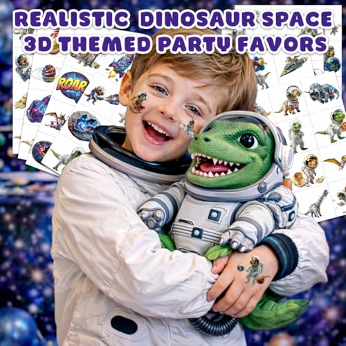 Image of 96PCS Kids Temporary Tattoos - Realistic 3D Cosmic Space Dinosaur | | Astronaut Pre-Cut Fake Tattoos for Boys Girls | Birthday Party Favors, Galaxy Theme Decorations & School Gifts