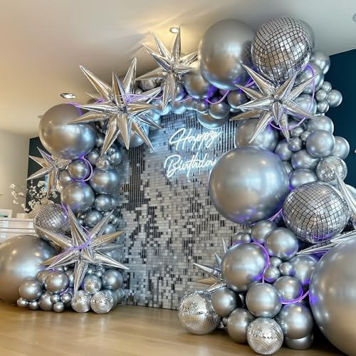 Image of 145pcs Metallic Silver Balloons Different Sizes 18 12 10 5 Inch Sliver Balloon Arch Kit Garland for Birthday Party Graduation Baby Shower Bridal Wedding Disco Anniversary Party Decoration