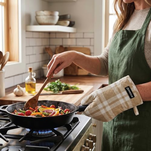Image of Encasa XO Heat Resistant 100% Cotton Oven Glove & Potholder Set with Loop, Kitchen Cooking Mittens, Microwave Safe Hot Pads (Franca Beige Checks)