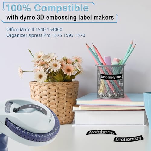 POPOBUY 20 Pack Embossing Label 1/2 Inch A521209 Compatible for DYMO 3D Plastic Emboss Tape 521209 White on Black, 12mm x 3m for Office Mate II 1540 154000, MoTEX E101 E404 Label Makers