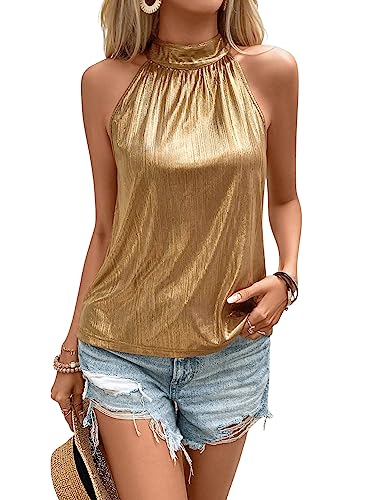 Image of SweatyRocks Women's Satin Sleeveless Halter Tank Top Mock Neck Metallic Party Going Out Tops