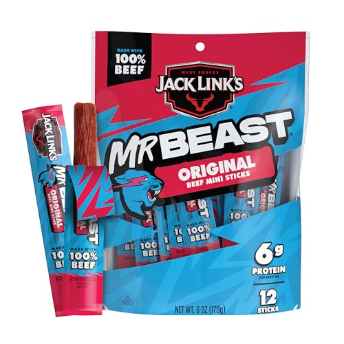 Jack Link’s x MrBeast Beef Sticks, Original Mini Beef Sticks, As Seen on Beast Games, 5g Protein, Made with 100% Real Beef, Pantry-Ready Snacks, 12 Count