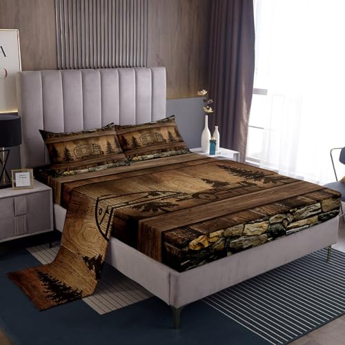 Erosebridal Kids Camper Twin Sheet Set Vintage Farmhouse Sheets for Boys Girls, Happy Camping Bed Set Rustic Lodge Cabin Bed Sheets Set, Brown Old Barn Door Fitted Sheet