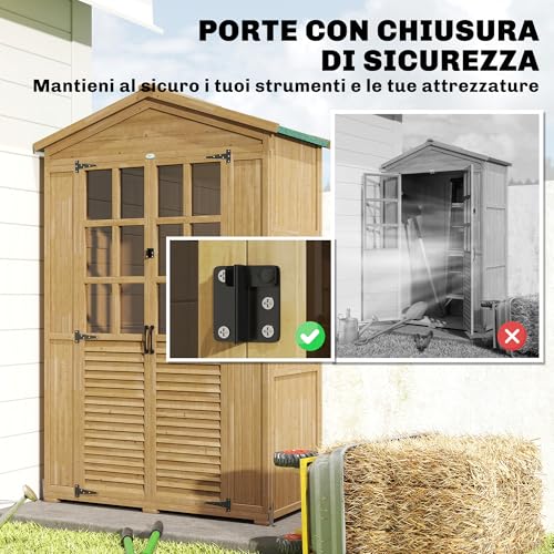 Outsunny Armadio Da Giardino In Legno Di Abete Con Ripiani E Finestre In Acrilico, Casetta Porta Attrezzi Da Esterno Con Tetto Inclinato Asfalto, Porte Bloccabili, 128X57.5X197 Cm, Marrone Chiaro - 8