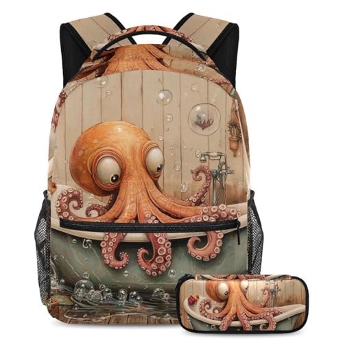 Cartable grande capacité motif pieuvre, sac à dos scolaire anti-mal de dos avec trousse