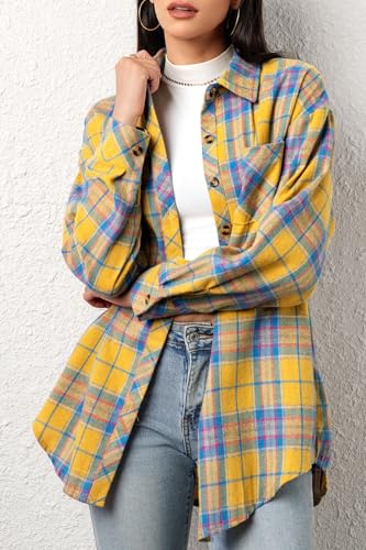 Image of CHYRII Womens Button Down Flannel Shirts Long Sleeve Plaid Shackets Business Casual Blouse Top