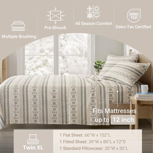 True North by Sleep Philosophy Flannel Sheets Twin XL Size, Cozy 100% Cotton Flannel Bed Sheets, Ultra Soft Cute Sheet Set, Elastic Pocket Fits Up to 12" Mattress, Nordic 3 Piece