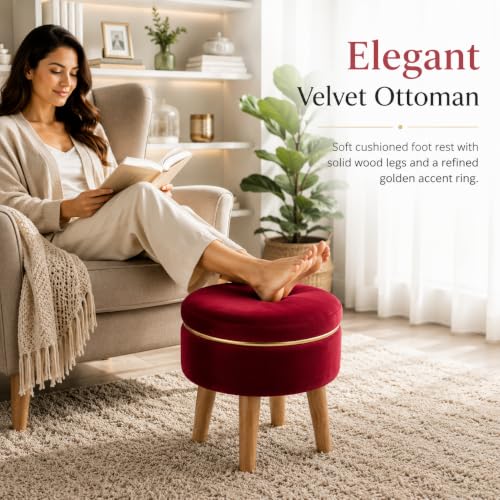 Image of Ottoman Stool for Living Room Foot Rest | Velvet Small Ottoman Foot Stool | Solid Wood Legs | Footstool Puffy for Home, Bedroom & Makeup Table | 30 x 30 cm (12 x 12 Inch) | Maroon