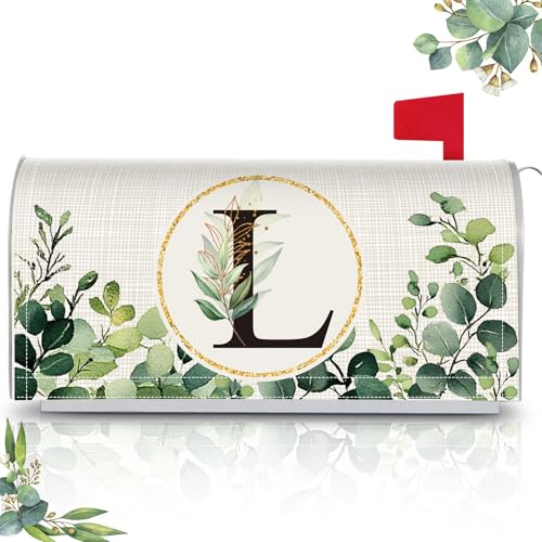 Image of Tiamon Monogrammed L Mailbox Covers Magnetic Eucalyptus Welcome Letter Box Wrap Standard Size 21x18 Inch Spring Summer Leaves Mailbox Decor Eucalyptus Letter Numbers Decoration for Outdoor Garden Yard