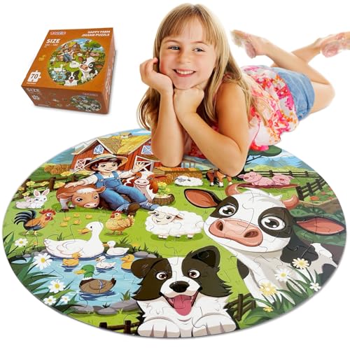 Image of TALGIC Puzzles for Kids Ages 4-6, 70 Piece Round Floor Puzzles for Kids Ages 3-5 with Animals & Barn, Popular Educational Toys & Gift for 3 4 5 6 7 8 9 10