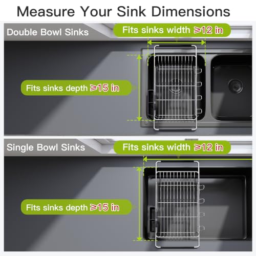 Image of JASIWAY Dish Drying Rack in Sink, Dish Drainer with Cup and Utensil Holder | Over The Sink Expandable Stainless Steel Strainer Dryer Rack for Small Kitchen, Counter Space Saving, Fast Drain, Rustproof