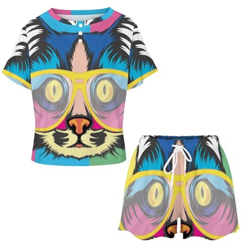 Ensemble de pyjama pour femme chat coloré manches courtes sleepwear ete