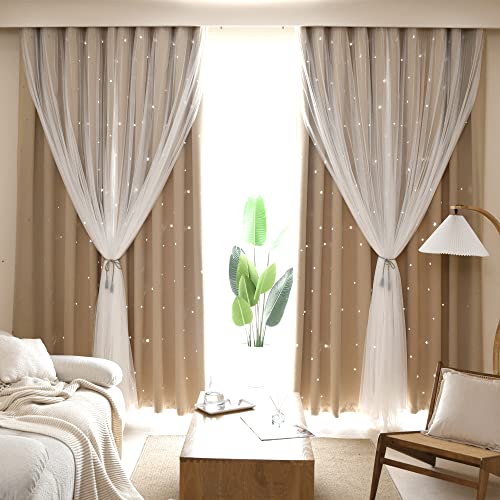 Image of Kinryb Blackout Curtains for Girl Bedroom/Living Room/Classroom, Sheer Overlay 63 Inches 2 Panel Set, Double Layer Curtains with Star Cutout for Kids Room(W 52 x L 63 Inches,Beige 2 Pcs)