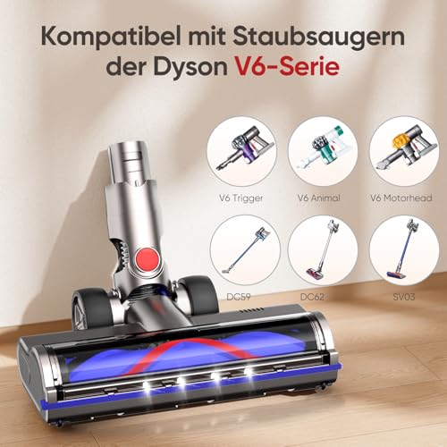 Bodenbürste kompatibel für Dyson V6 DC58 DC59 DC61 DC62 DC72 DC74 Staubsauger, Bürste mit 4-LED Scheinwerfern, Flexibler Rotation und 2 Ersatzrollen