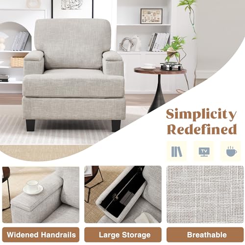 Image of Accent Chairs Set of 2 with Armrest Storage, Modern Reading Living Room Chair, Upholstered Comfy Large Armchairs, Fabric Single Sofa Chair for Bedroom (Beige)