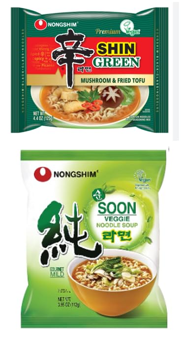 Nongshim - Combo de ramen vegano, Shin Premium de hongos verdes y tofu frito (4.4 onzas, 4 paquetes), pronto Veggie (3.95 onzas, paquete de 4) -