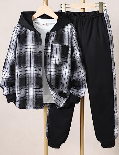 Image of Little Boys Two Pieces Outfit Kids Plaid Color Front Button Down Hoodie Sweatshirt and Jogger Sweatpants Sets