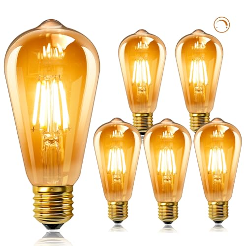 6 Stück Edison Vintage Glühbirne E27 Dimmbar 220V, ST64 Retro LED Filament Lampe 6W, Ersetzt 60W Glühlampen, 600LM Warmweiß 2700K, Nostalgie LED Leuchtmittel E27 für Café, Restaurant, Bar, Haus