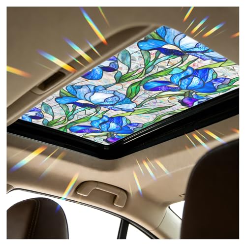 39.3716.92 Inch Car Sunroof Stained Glass Window Film Stylish Sunroof Sticker Static Cling Privacy Film Sun Protection Stained Glass Sunroofs Films Car Interior Accessories (Blue Flower)