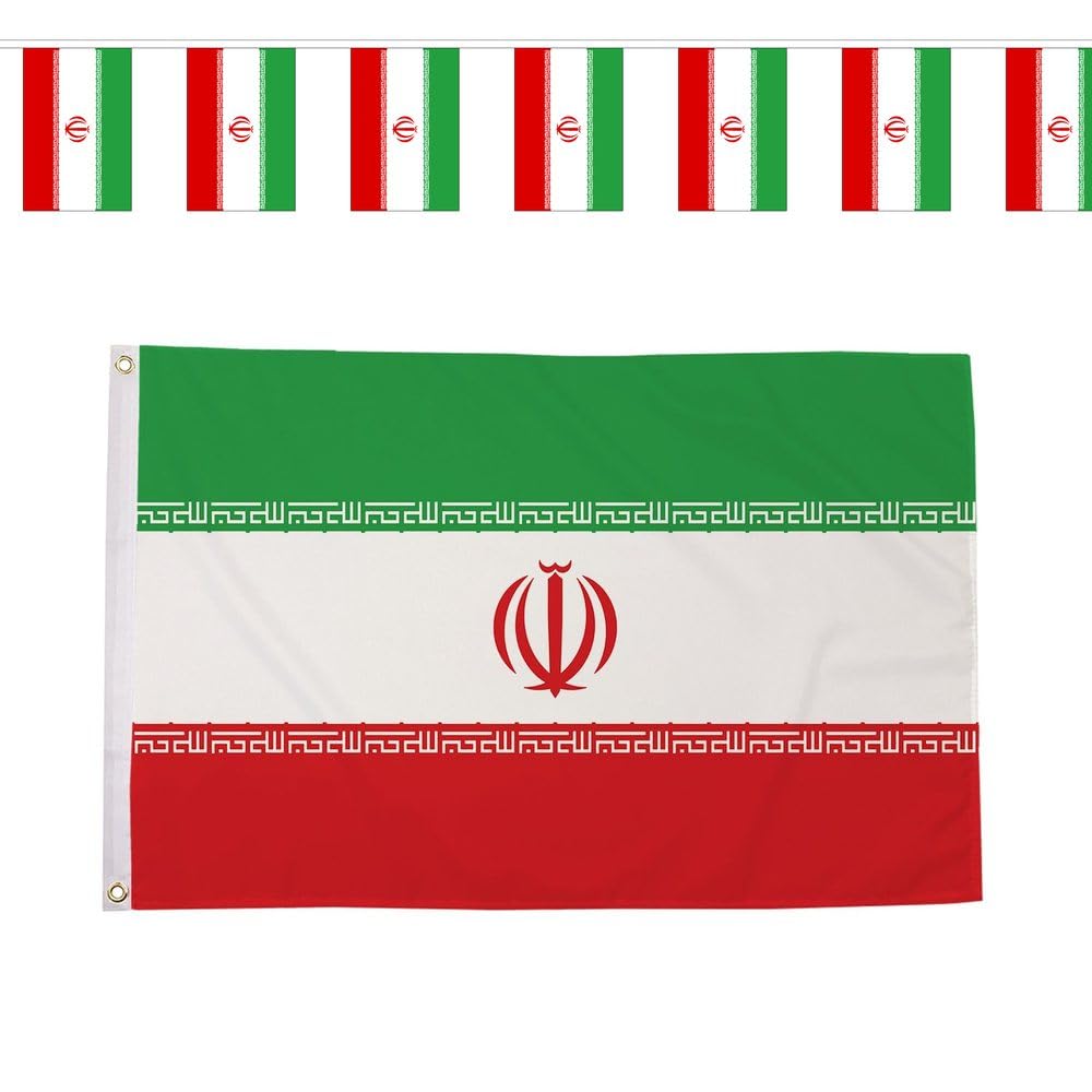 Flagtex Iran Team Melli World Cup 2026 Large Team Bundle Includes 8ft x 5ft Premium Polyester Flag and 9m Rectangle Bunting Football Fan Pack Indoor Outdoor Decoration