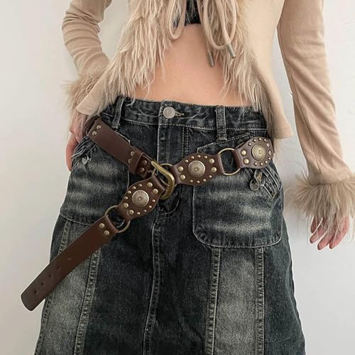 Vintage Concho Western Belt – Brown PU Leather with Brass Studs & Rings, Adjustable Boho Waist Accessory for Women3