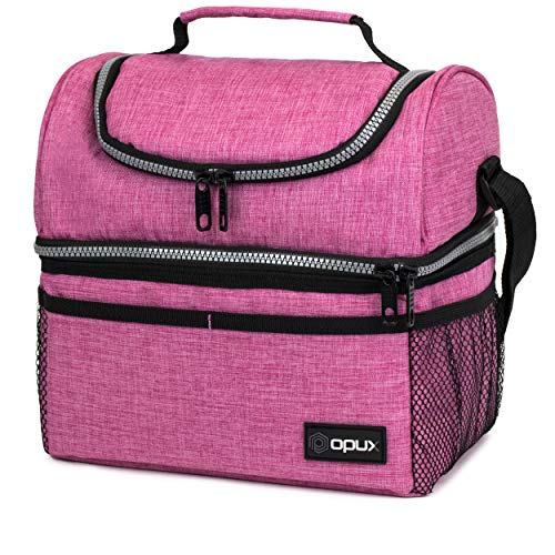 hot pink lunch bag - opux Insulated Dual Compartment Lunch Bag for Women, Ladies | Double Deck Reusable Lunch Box Cooler with Shoulder Strap, Leakproof Liner | Medium Lunch Pail for School, Work, Office (Heather Pink)