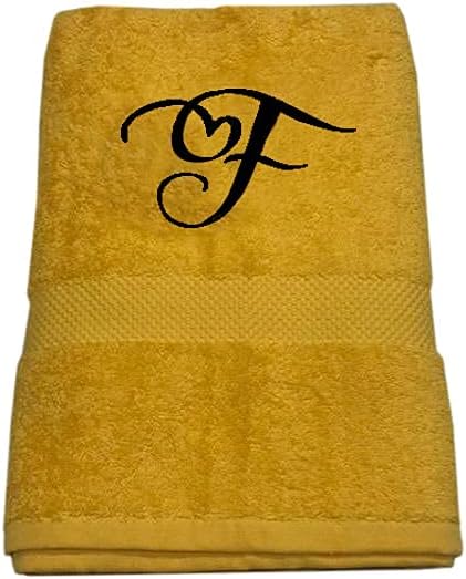 BYFT Gardenia (Yellow) Premium Monogrammed Bath Towel (70 x 140 Cm-Set of 1) 100% Cotton, Highly Absorbent and Ultrasoft, Hotel and Spa Quality Bath Linen with Diamond Dobby-550 Gsm (Letter F)
