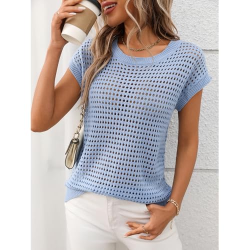 Blostirno Women's Crochet Knit Sweater Vest Hollow Out Crewneck Cap Short Sleeve Beach Cover Up Summer Shirt Tops4