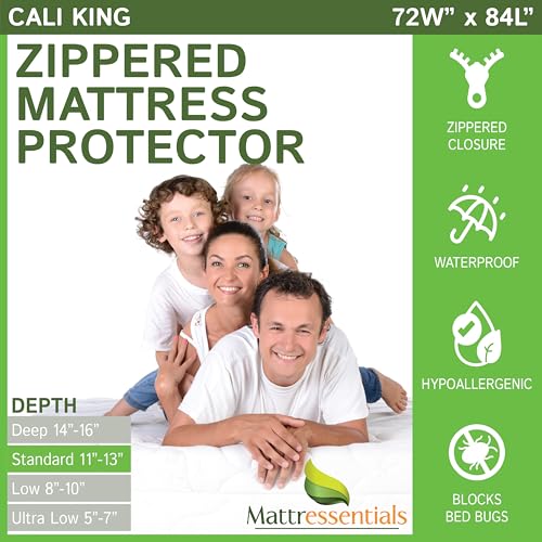 Zippered Cali King Mattress Protector (11"-13" Depth) - Bed Bug Waterproof Mattress Cover, Premium Quality Hypoallergenic Encasement White