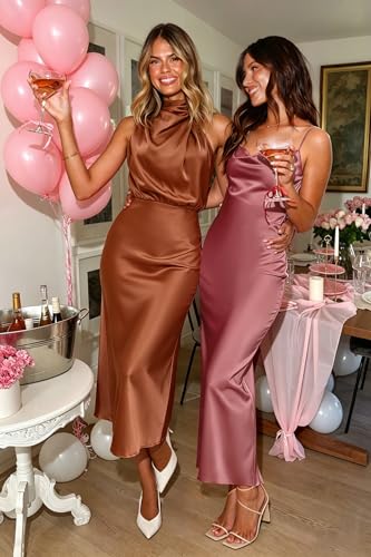 Image of Women's Satin Maxi Dress Summer Formal Wedding Guest Cocktail Dress | Mock Neck Sleeveless,Elegant Silk Midi Long Dress,High Neck,Halter,Aline,Bridesmaid,Bridal Shower Guest,Garden Party,Dinner