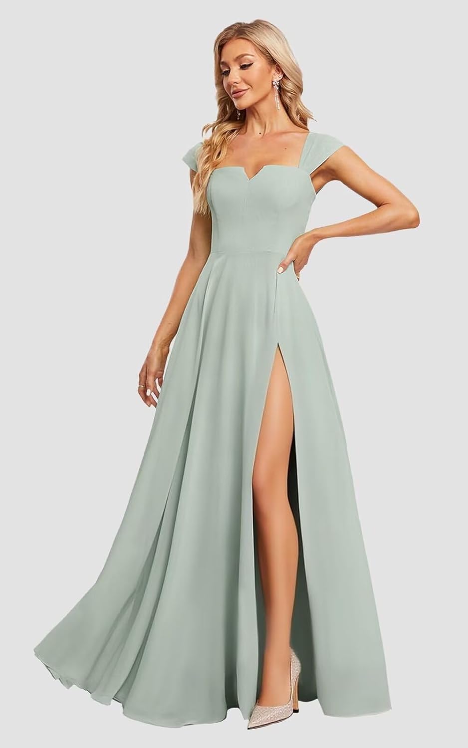 Off Shoulder Long Bridesmaid Dress with Slit for Women Chiffon Square Neck A-Line Formal Evening Dress with Pockets - Image 3
