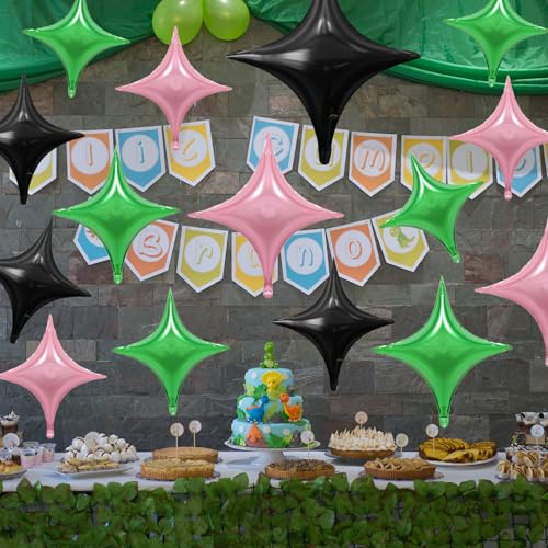 Image of Pink Green Black Star Balloons,12Pcs Four Angle Star Foil Balloons