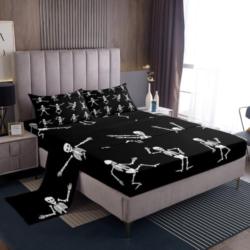 Erosebridal Sugar Skull Sheet Set Full Size Skeleton Bones Bedding Set for Kids Boys Girls Teens Adult Halloween Horror Theme Fitted Sheet Gothic Spooky Bed Sheets 4 Pieces with 2 Pillow Cases