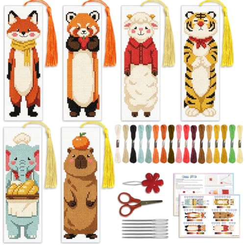 Image of ACRNIGHEET 6PCS Cross Stitch Bookmark Kit for Beginner Stamped Cross Stitch Kits for Adults Cute Animals DIY Tassel Embroidery Bookmark Kits Needlepoint Kit with Instructions Craft Gift 8.5''x3'' 11CT